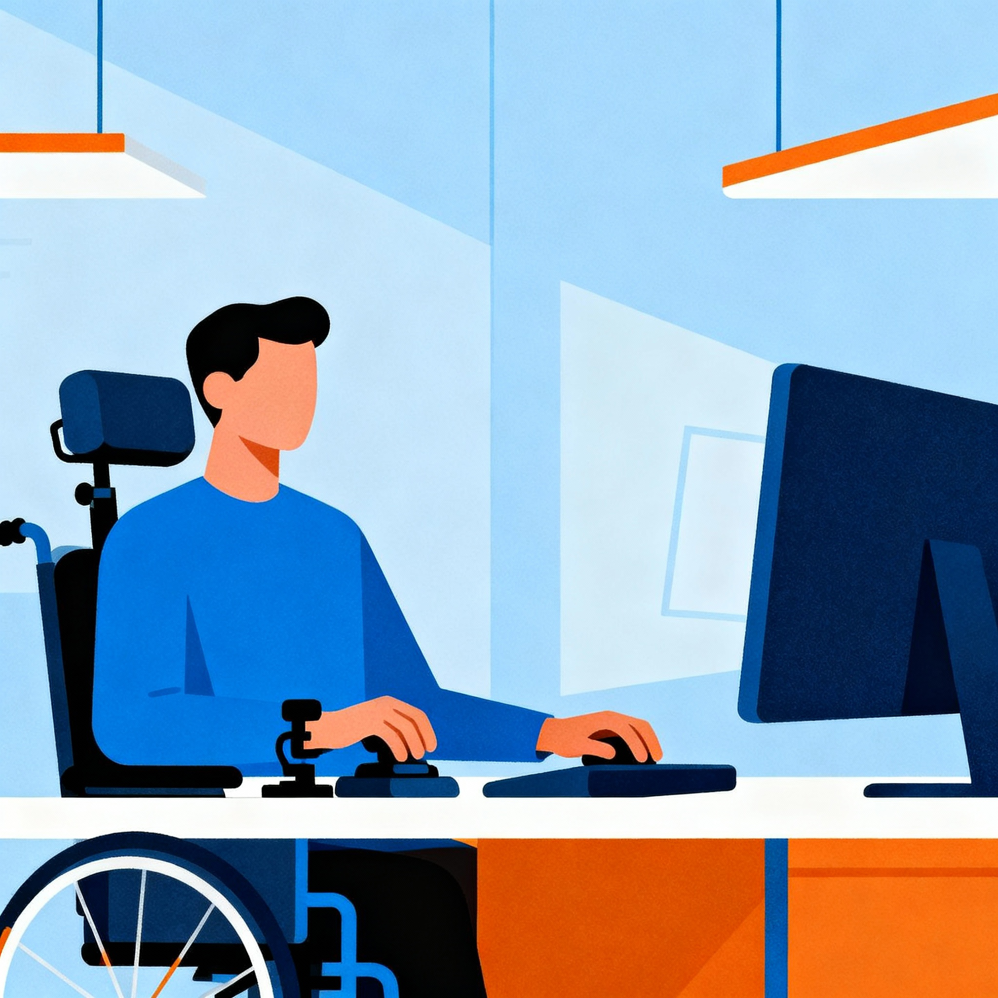 Osoba na wózku inwalidzkim pracuje przy komputerze w jasnym biurze.