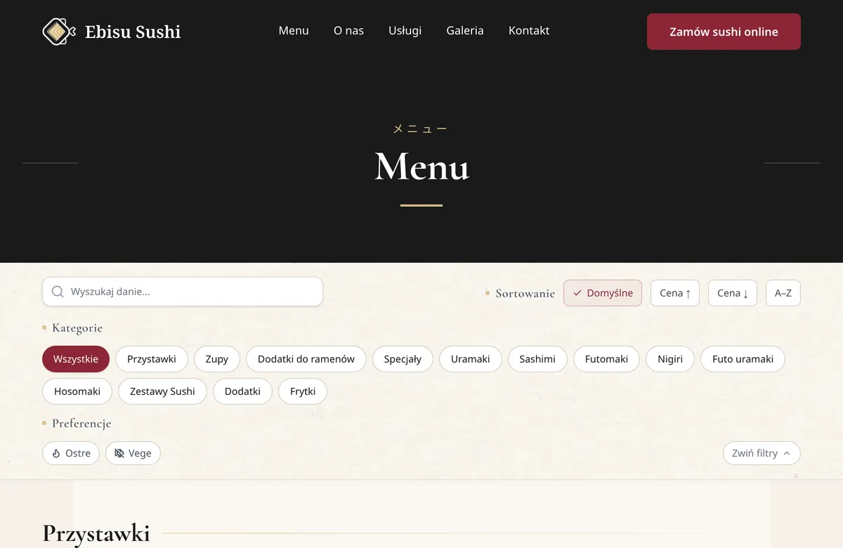 Ebisu Sushi, menu z wyszukiwarką