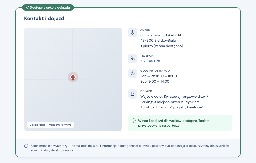 Sekcja Kontakt i dojazd łącząca mapę Google z pełnym opisem tekstowym: adres z piętrem i informacją o windzie, telefon, godziny otwarcia, opis dojazdu i informacja o dostępności budynku.